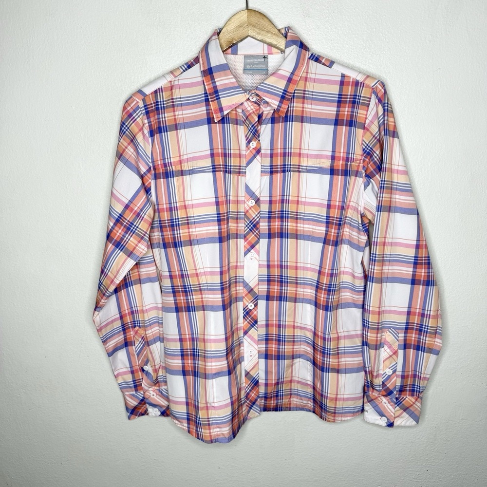Columbia Kick Fix Plaid Long Sleeve Shirt Orange Pink Insect Block Womens Large - Picture 1 of 10